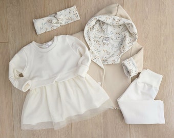 Set Tunika/Kleid Baby, Sommerjacke, Newborn Set, Outfit 1. Geburtstag, Hochzeit, Taufe, Größe 56-104, Tüll-Kleid, Glitzer