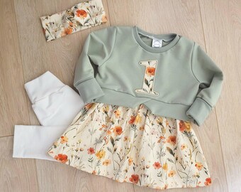 Geburtstagskleid, Geburtstagsoutfit, Outfit 1. Geburtstag, Tunika mit Geburtstagszahl, Blumen, weiß, mintgrün, Mädchen