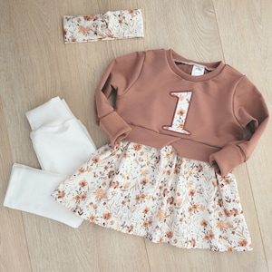 Birthday dress, birthday outfit, 1st birthday outfit, tunic with birthday number, flowers, white, clay pink, girl