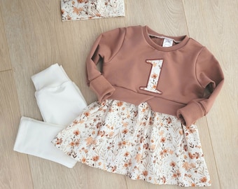 Geburtstagskleid, Geburtstagsoutfit, Outfit 1. Geburtstag, Tunika mit Geburtstagszahl, Blumen, weiß, lehmrosa, Mädchen