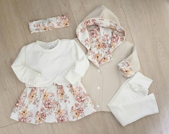 Set Tunika/Kleid Baby, Jacke, Cardigan, Leggings, Newborn Set, Outfit 1. Geburtstag, Hochzeit, Taufe, Größe 56-104, Blumen, weiß, Mädchen