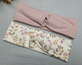 Stirnband Baby, Haarband, Knotenstirnband, Bandeau aus Jersey, KU 34-54 cm, Uni, Blätter, rosa, Mädchen