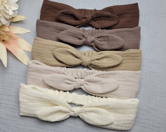 Haarband Baby, Haarband mit Schleife aus Bio Musselin, festliches Haarband, Taufe, Hochzeit, KU 35-55cm, uni, Sand, beige, Cremeweiß