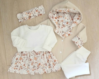 Set tunic/dress baby, jacket, cardigan, leggings, newborn set, outfit 1st birthday, wedding, baptism, size 56-104, flowers, white, girl