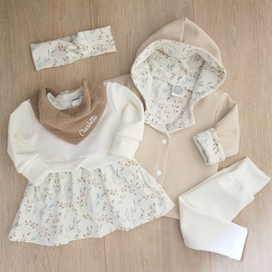 Set Tunika/Kleid Baby, Jacke, Cardigan, Leggings, Newborn Set, Outfit 1. Geburtstag, Hochzeit, Taufe, Größe 56-104, Blumen, weiß, Mädchen