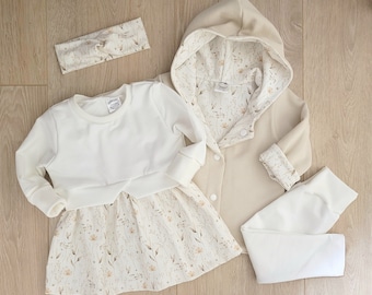 Set Tunika/Kleid Baby, Jacke, Cardigan, Leggings, Newborn Set, Outfit 1. Geburtstag, Hochzeit, Taufe, Größe 56-104, Blumen, weiß, Mädchen