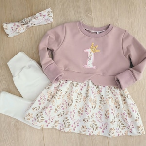 Birthday dress, birthday outfit, outfit for a 1st birthday, tunic with birthday number, flowers, white, pink, girl