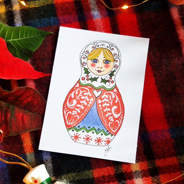 Carte de Noël Poupée russe rouge Matriochka