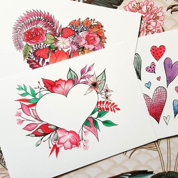 Lot de 3 cartes aquarelle Coeurs et fleurs