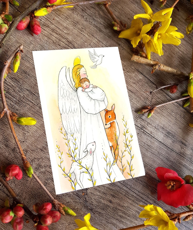 Carte Baptême Ange gardien et animaux image 2