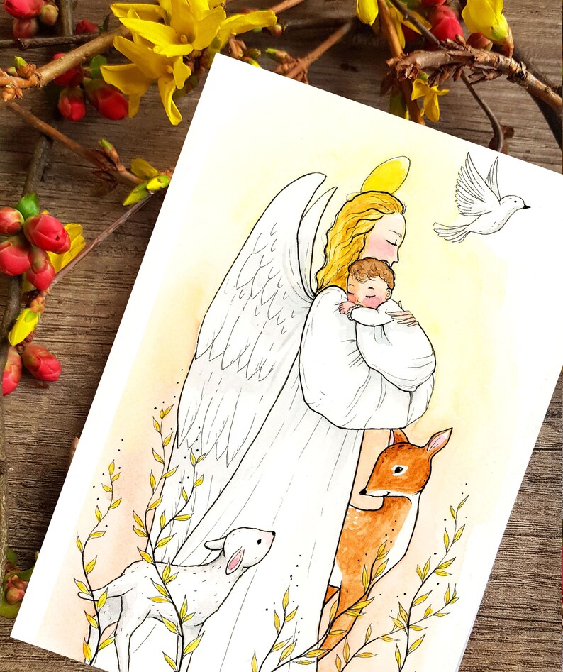 Carte Baptême Ange gardien et animaux image 3