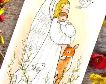 Guardian Angel and Animals Baptism Card
