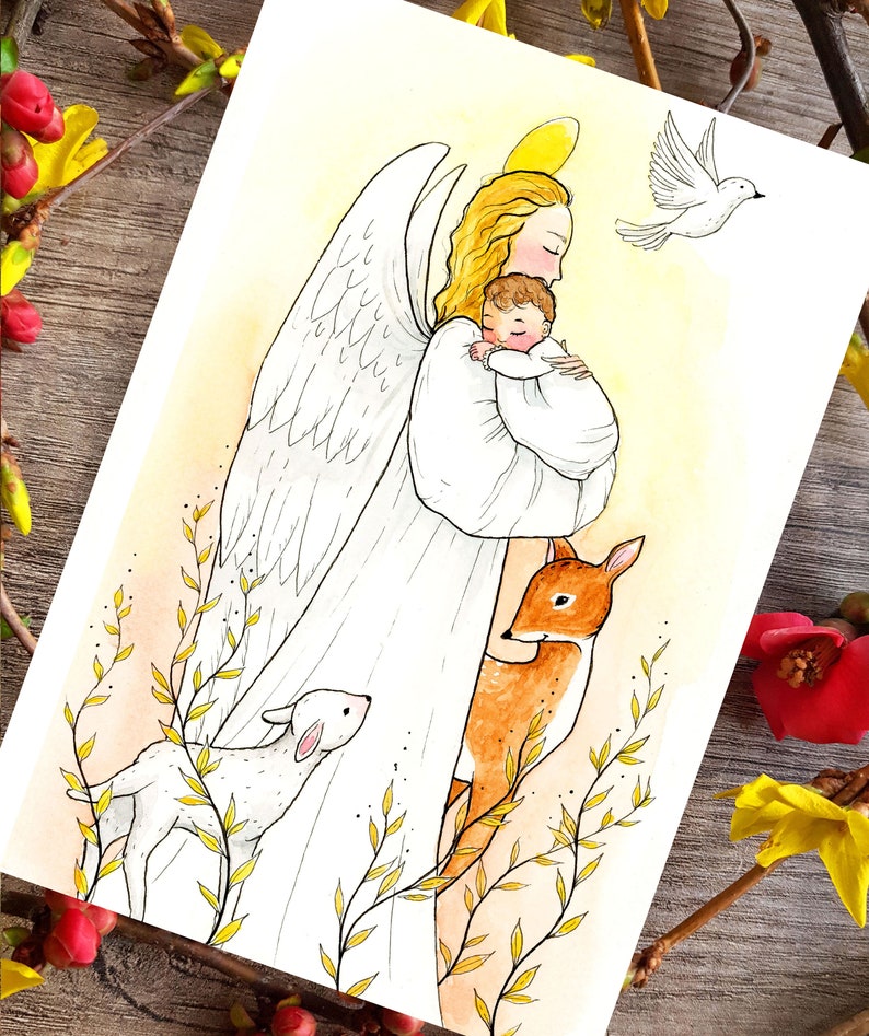 Carte Baptême Ange gardien et animaux image 1