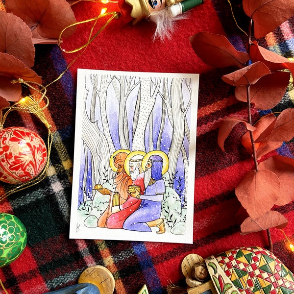 Weihnachtskarte der Heiligen Drei Könige – Serie „Weihnachten in Europa“ – Kunstkarte und gedruckte Legende