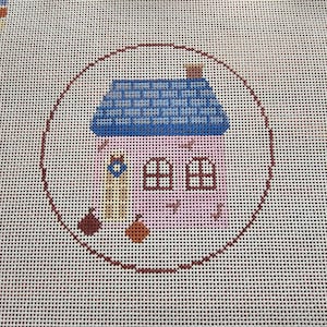 Pastel Cottage Painted Needlepoint Canvas - 4 Inch Round Ornament