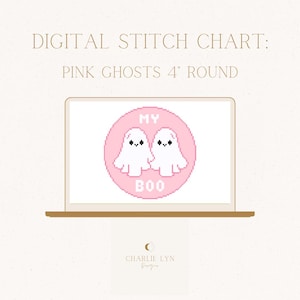 Pink Ghosts - My Boo 4&quot; Round Ornament Digital Needlepoint Chart - Needlepoint Pattern Download Valentines Day or Halloween
