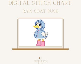 Duck In Raincoat Rainboots Spring Digital Needlepoint Chart - Needlepoint Pattern Download