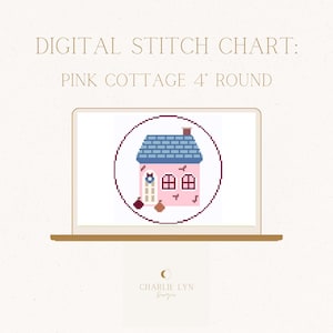 Pink Cottage 4&quot; Round Ornament Digital Needlepoint Chart - Needlepoint Pattern Download - Small Pastel House
