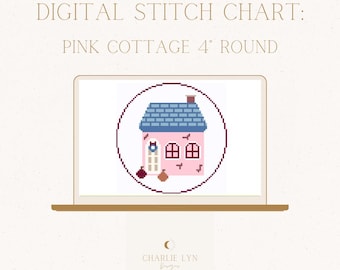 Pink Cottage 4" Round Ornament Digital Needlepoint Chart - Needlepoint Pattern Download - Small Pastel House