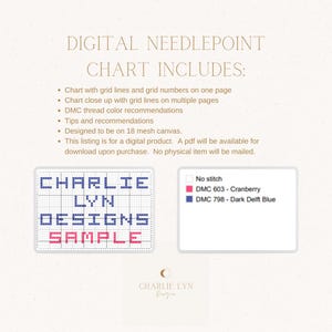 Op de afbeelding: Een digitaal borduurpatroon voor een ontwerp dat "Charlie Lyn Designs Sample" zegt. Het patroon bevat rasterlijnen en -nummers, DMC-garenkleur-aanbevelingen en tips. Het is ontworpen voor 18-gaas canvas.