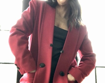 Vintage Red Blazer Wool Blend Wide Folded Down Lapel with High Shine Buttons Front Pockets