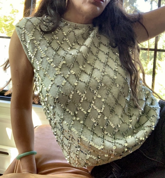 Vintage Sequin Mint Green Knit Vest Sleeveless Top. Holiday Sequin Vintage  Top Vest 