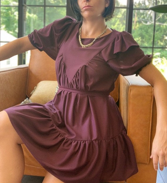 Vintage Plum Puffed Sleeve Ruffle Dress. V Torso Seam Short - Etsy