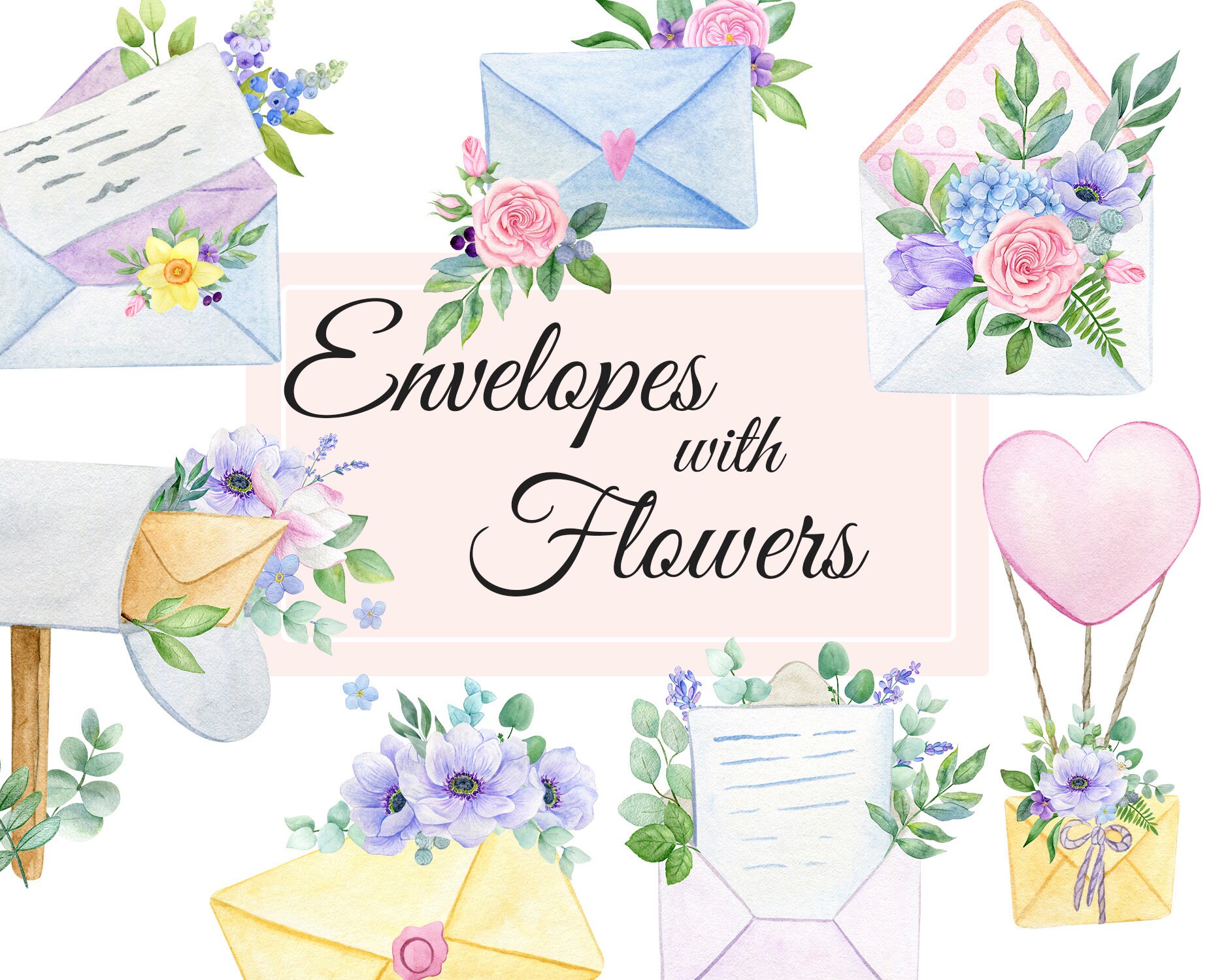 Envelope clipart watercolor flowers mail clipart PNG 64 Etsy