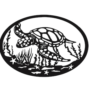 May include: Black and white oval-shaped metal art piece featuring a sea turtle swimming among seaweed and starfish. The turtle has a patterned shell and is surrounded by aquatic plants.