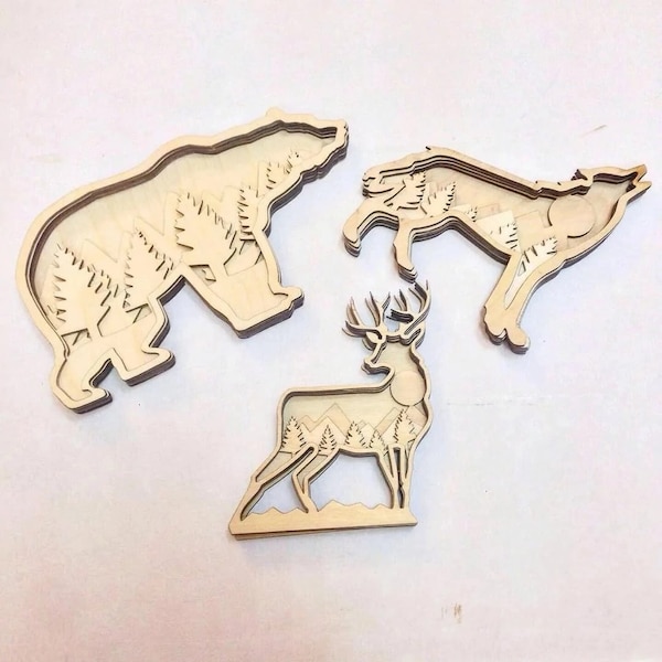 Set of 3 Animal Digital file layered designs SVG Files Wolf Deer Bear Laser Cutting Vector Cut file for Glowforge, Cricut, Silhouette