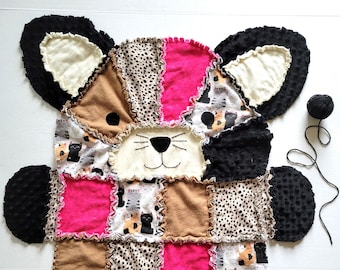 Black Kitty Cat Baby Rag Quilt, Toddler Blanket,  Cheetah Baby Girl Gift