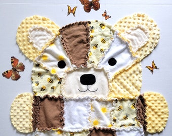 Yellow Teddy Bear Baby Rag Quilt, Toddler Blanket, Gender Neutral Baby Gift