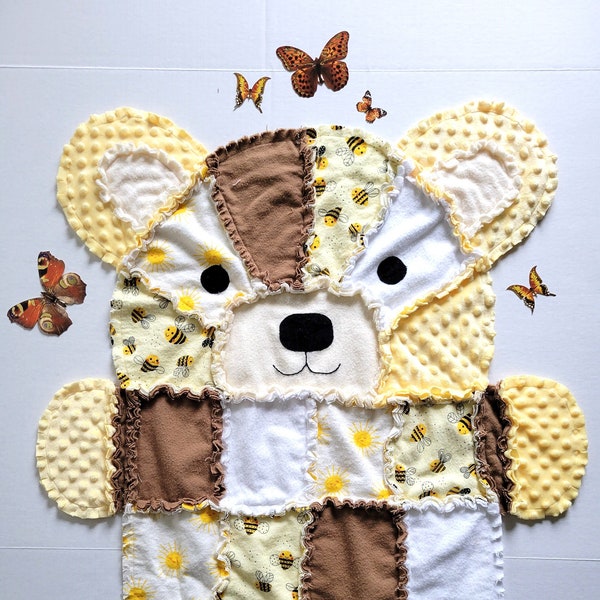 Yellow Teddy Bear Baby Rag Quilt, Toddler Blanket, Gender Neutral Baby Gift