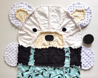 Hockey Teddy Bear Baby Rag Quilt, Toddler Blanket, Hockey Baby Gift