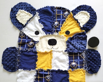 Buffalo Sabres Bear Baby Rag Quilt, Toddler Blanket, Buffalo Sabres Baby Gift