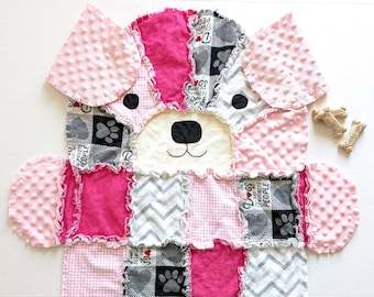 Pink Puppy Dog Baby Rag Quilt or Toddler Blanket, Puppy Dog Baby Girl Gift