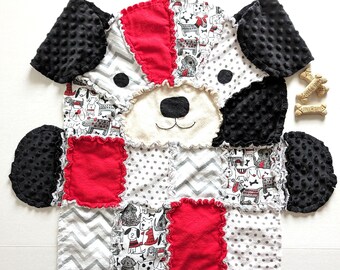 Black, Red & White Puppy Dog Baby Rag Quilt, Toddler Blanket, Neutral Gender Baby Gift