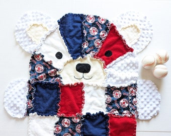 Boston Red Sox Baby Bear Rag Quilt, Toddler Blanket, Boston Red Sox Baby Gift