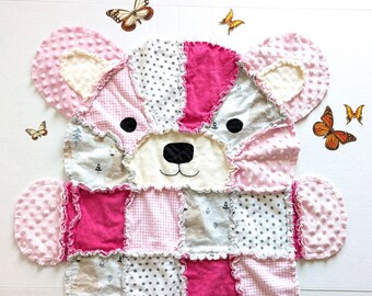 Pink Teddy Bear Baby Rag Quilt, Toddler Blanket, Teddy Bear Baby Girl Gift