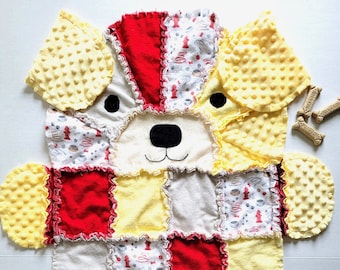 Yellow Puppy Dog Baby Rag Quilt, Toddler Blanket, Neutral Gender Baby Gift