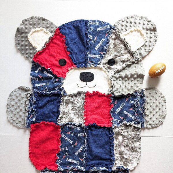 New England Patriots Bear Baby Rag Quilt, Toddler Blanket, New England Patriots Baby Gift