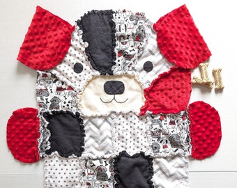 Red, Black & White Puppy Dog Baby Rag Quilt, Toddler Blanket, Gender Neutral Baby Gift