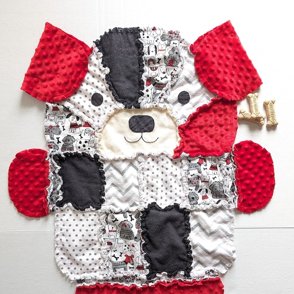 Red, Black & White Puppy Dog Baby Rag Quilt, Toddler Blanket, Gender Neutral Baby Gift