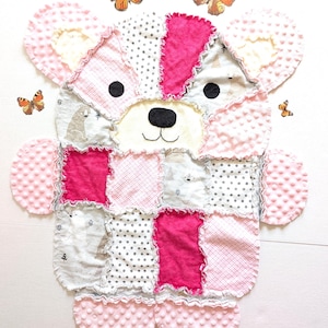 Pink Teddy Bear Baby Rag Quilt: Flannel & Minky Baby Blanket, Toddler Snuggle