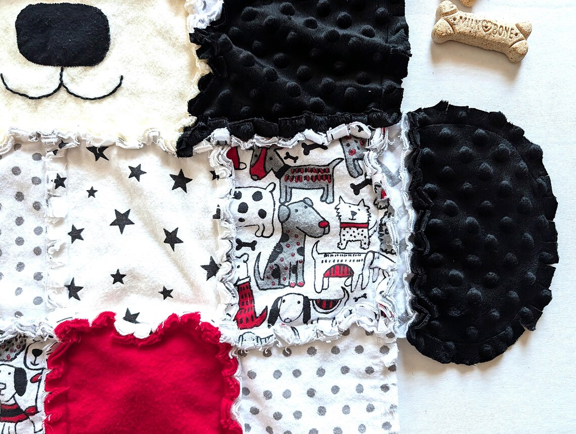 Black, Red & White Puppy Dog Baby Rag Quilt: Flannel Minky Baby Blanket ...