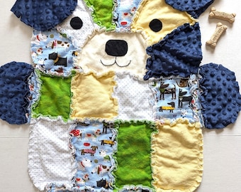Blue Puppy Dog Baby Rag Quilt: Flannel & Minky Baby Blanket, Toddler Snuggle