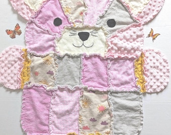 Pink Kitty Cat Baby Rag Quilt: Flannel & Minky Baby Blanket, Toddler Snuggle