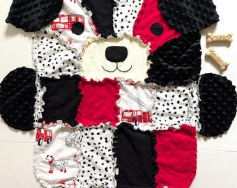 Dalmatian Puppy Dog Firefighter EMT Baby Rag Quilt: Flannel & Minky Baby Blanket, Toddler Snuggle