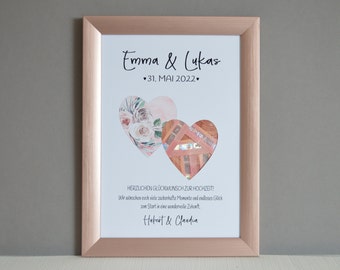 Personalized money gift - bride and groom - hearts - wedding - card - voucher - unframed