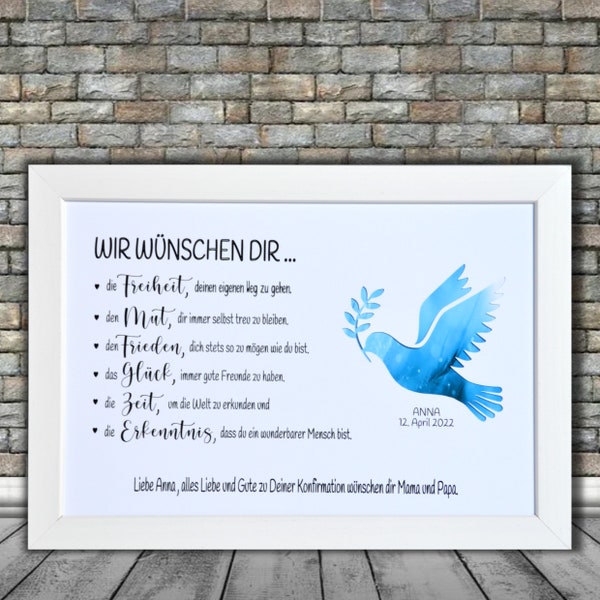 Personalized money gift - dove, communion, baptism, confirmation, youth consecration - wishes - unframed